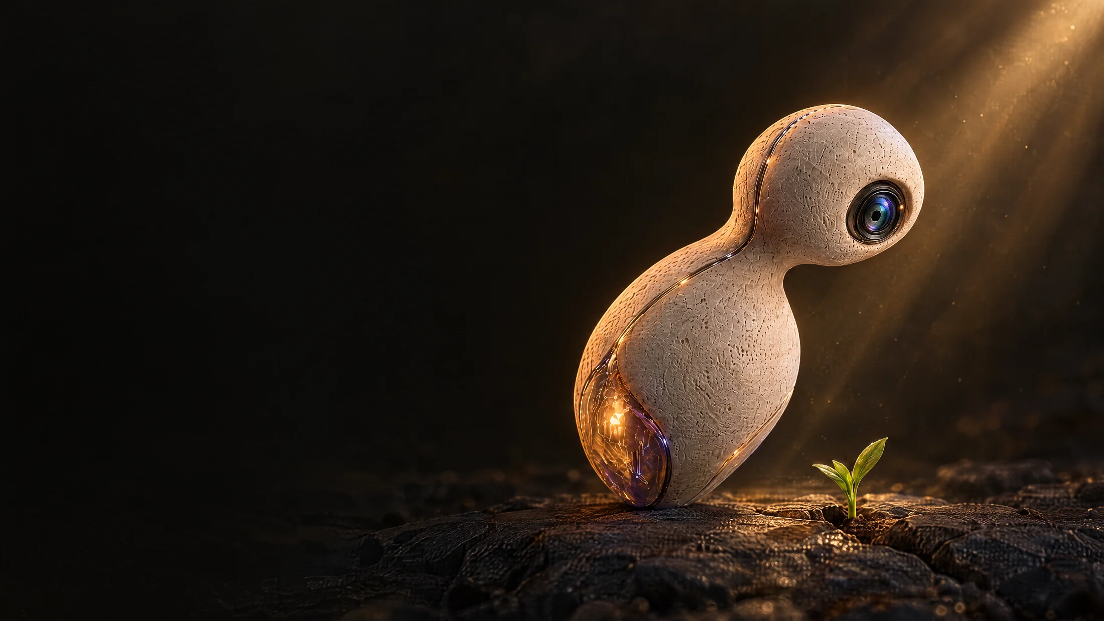 NTIC, a stone and circuitry explorer with a camera eye, discovering a small green shoot.